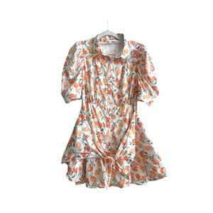 Karlie White with Peach Novelty Print Button Down Collar Dress with Puff Sleeves